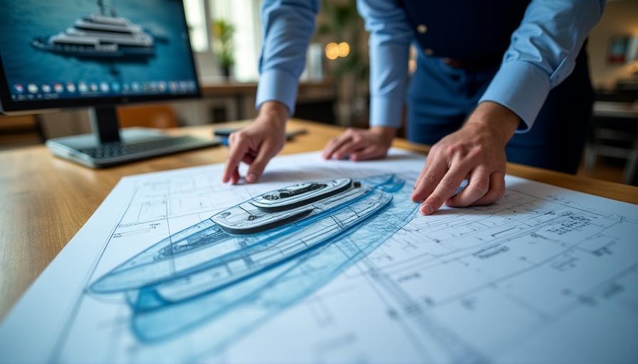 Designer al lavoro su un progetto di yacht personalizzato